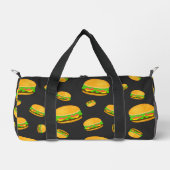 そしておもしろいクールおいしいバーガーパターンのダークグレー ダッフルバッグ (正面)