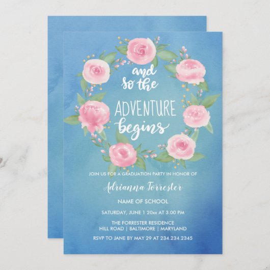 そしてそう冒険は|の水彩画の卒業生を始めます 招待状 (正面/裏面)