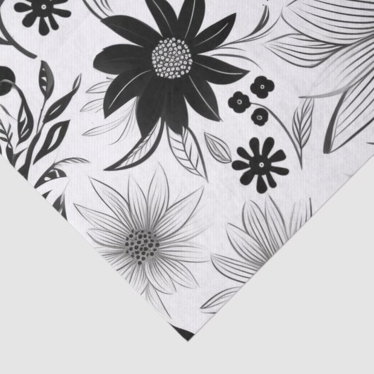 そしてエレガント複雑な黒と白の花柄 薄葉紙 (詳細)