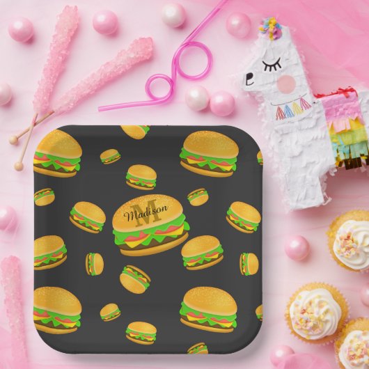 そしてカッコいいおもしろいおいしいバーガーパターンモノグラム ペーパープレート (パーティー)