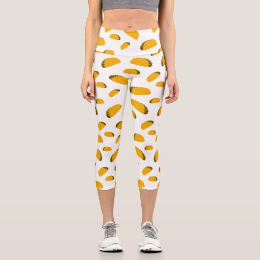 そしてクールおもしろいおいしいタコス模様の白 カプリレギンス (正面)