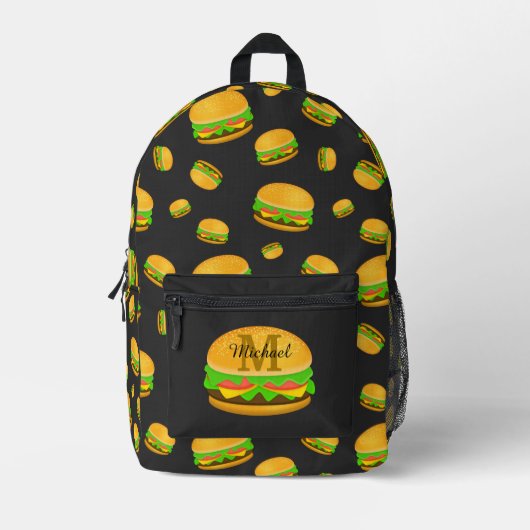 そしてクールおもしろいおいしいバーガーのパタカスタムーン プリントバックパック (正面)