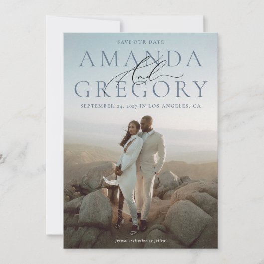 そしてスクリプトフルフォトエレガントセーブザデートカード セーブザデート (正面)