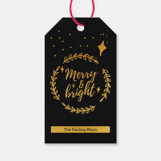 そしてメリーブライトシンプルブラックと金ゴールドのクリスマス ギフトタグ (正面)