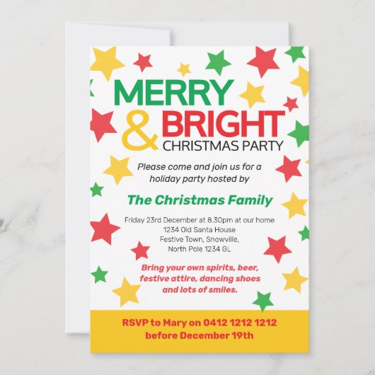 そしてメリー明るいクリスマスのパーティー星は黄色い赤 招待状 (正面)