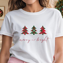 そしてメリー明るいクリスマスツリー赤い緑のタータンチェック Tシャツ