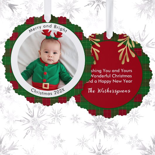 そしてメリー明るいクリスマス写真の赤い緑の格子縞が オーナメントカード