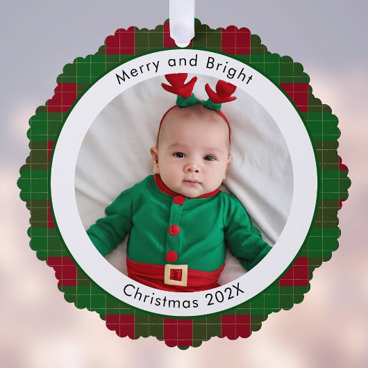 そしてメリー明るいクリスマス写真の赤い緑の格子縞が オーナメントカード