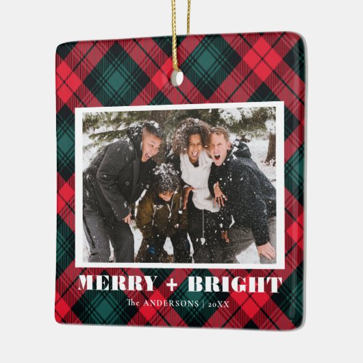 そしてメリー明るい格子模様のクリスマスの写真 セラミックオーナメント (左)