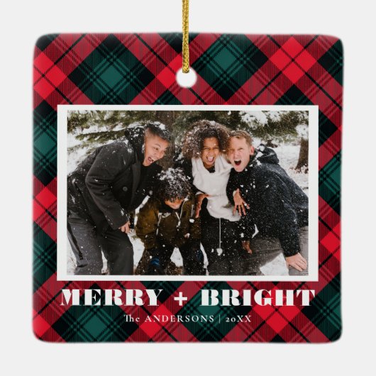そしてメリー明るい格子模様のクリスマスの写真 セラミックオーナメント (裏面)