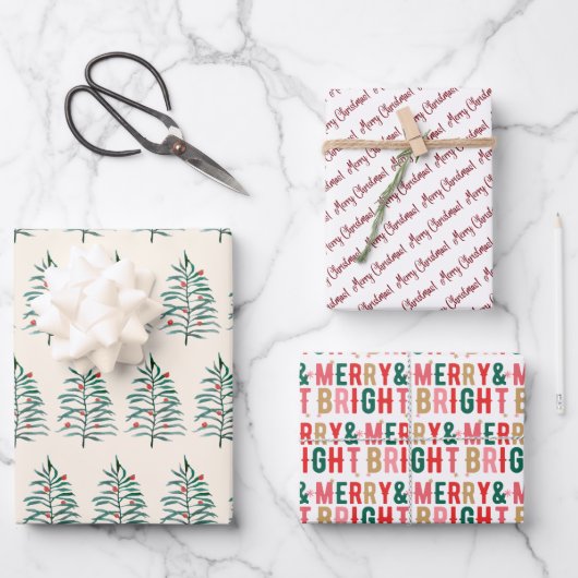 そしてメリー明るい、クリスマスの木やクリスマス ラッピングペーパーシート (正面)