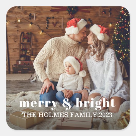 そしてメリー明るい |クリスマスモダンの家族の写真 スクエアシール (正面)