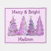 そしてメリー鮮やかなピンクと紫のクリスマスツリー フリースブランケット (正面(横))