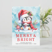 そしてメリー鮮やかな可愛らしいペンギンの青い赤いクリスマス シーズンカード (スタンド正面)