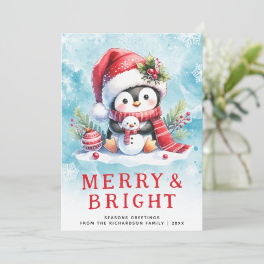 そしてメリー鮮やかな可愛らしいペンギンの青い赤いクリスマス シーズンカード (スタンド正面)