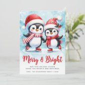 そしてメリー鮮やかな可愛らしいペンギンの青い赤いクリスマス シーズンカード (スタンド正面)