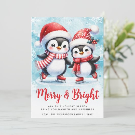 そしてメリー鮮やかな可愛らしいペンギンの青い赤いクリスマス シーズンカード (スタンド正面)