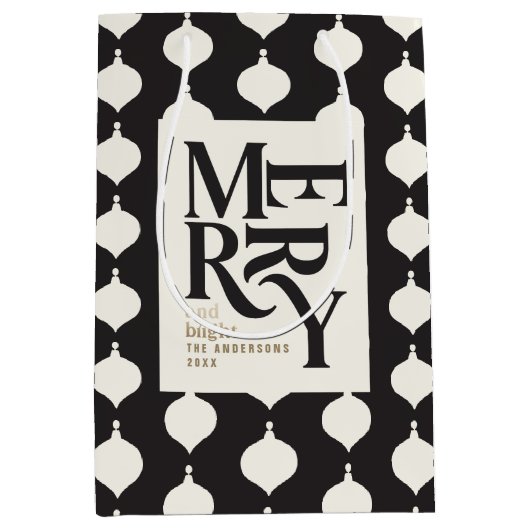 そしてメリー鮮やかな黒と金ゴールドのヴィンテージのクリスマス ミディアムペーパーバッグ (正面)