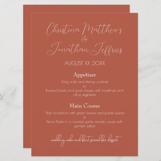 そしてモダンエレガントテラコッタ結婚の夕食は メニュー (正面/裏面)
