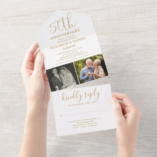 そして今2写真50周年記念結婚金ゴールド オールインワン招待状 (貼ってはがせる)