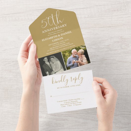 そして今2写真50周年記念結婚金ゴールド オールインワン招待状 (貼ってはがせる)