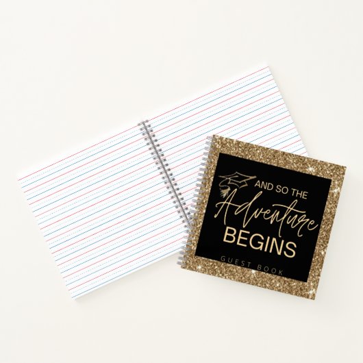 そして冒険が始まる黒い金ゴールドグリッター ノートブック (内部)