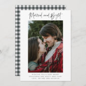 そして明るい結婚した写真の格子模様の新婚クリスマス シーズンカード (正面/裏面)