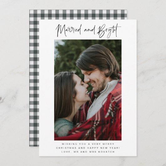 そして明るい結婚した写真の格子模様の新婚クリスマス シーズンカード (正面/裏面)