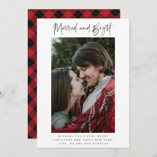 そして明るい結婚した写真の格子模様の新婚クリスマス シーズンカード (正面/裏面)