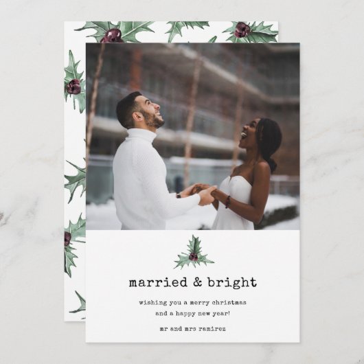 そして明るい結婚した写真ホリーの新婚クリスマス シーズンカード (正面/裏面)