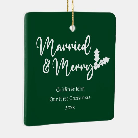 そして結婚した初めてのクリスマスのメリー新婚グリーン セラミックオーナメント (右)