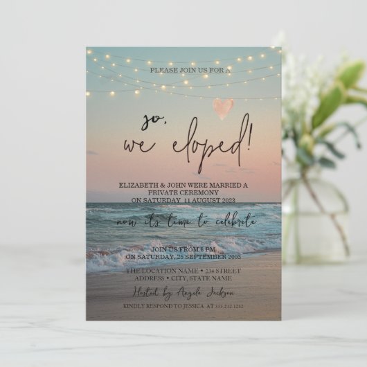 そのため私たちはこっそり結婚式を挙げた、ビーチでのサンセットウェディング 招待状 (スタンド正面)