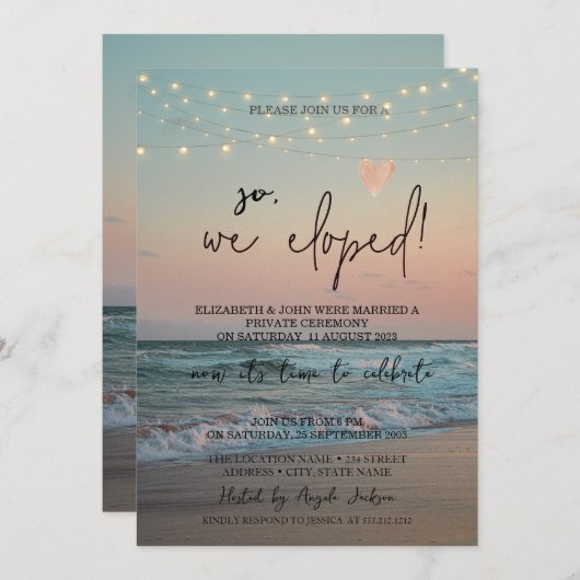 そのため私たちはこっそり結婚式を挙げた、ビーチでのサンセットウェディング 招待状 (正面/裏面)