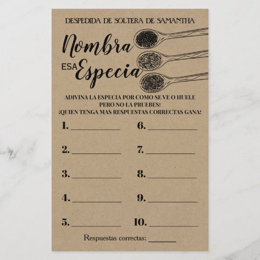 そのスパイスブライダルシャワーゲーム英語の名前スペインの (裏面)
