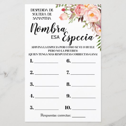 そのスパイスブライダルシャワー英語ゲスペインのーム (裏面)