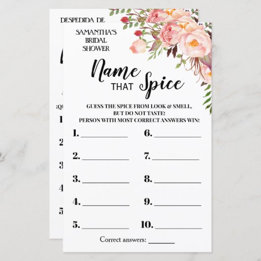 そのスパイスブライダルシャワー英語ゲスペインのーム (正面/裏面)