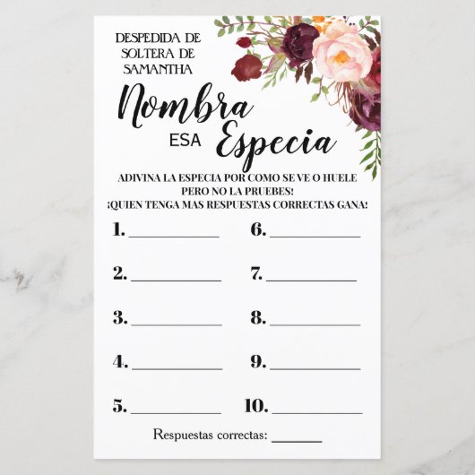 そのスパイスブライダルシャワー英語ゲスペインのーム (裏面)