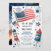 そのバーベキュー赤白青アメリカ国旗7月パーティー4日 招待状 (正面/裏面)