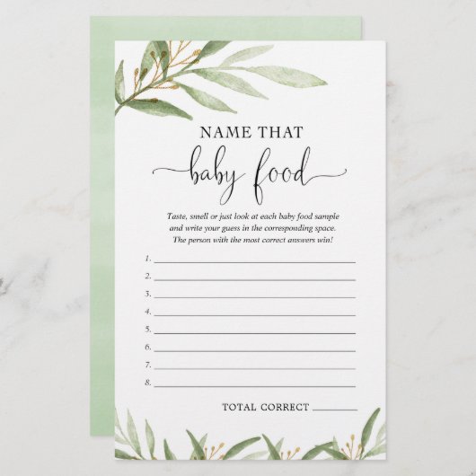 そのベビー食品ベビーシャワーゲーム緑の金ゴールドの名前 (正面/裏面)