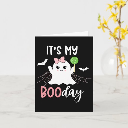 そのマイブーの日かわいいハロウィーン誕生日幽霊ピンク カード (黄色い花)