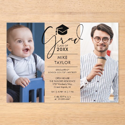 そのモダン後、今2つの写真卒業パーティー アクリル招待状 (正面)