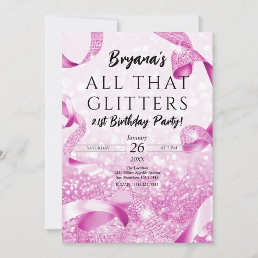 その全グリッターピンクスパークル誕生日パーティー 招待状 (正面)