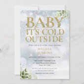 その冷たい外の緑の冬の金ゴールド赤ちゃんシャワー 招待状 (正面)