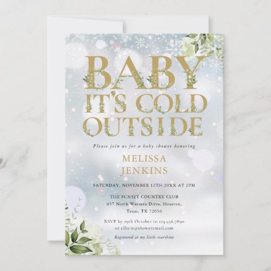 その冷たい外の緑の冬の金ゴールド赤ちゃんシャワー 招待状 (正面)