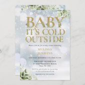 その冷たい外の緑の冬の金ゴールド赤ちゃんシャワー 招待状 (正面/裏面)