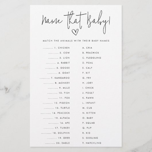 その名前ベビーミニマリストシャワー紙ゲームカード チラシ (正面)