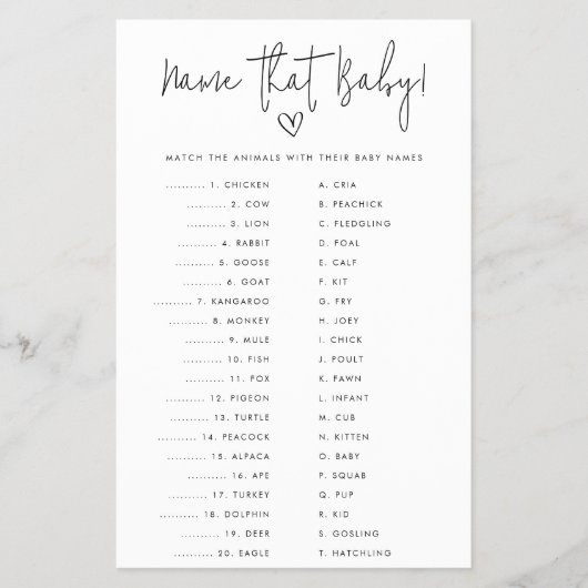 その名前ベビーミニマリストシャワー紙ゲームカード チラシ (正面)