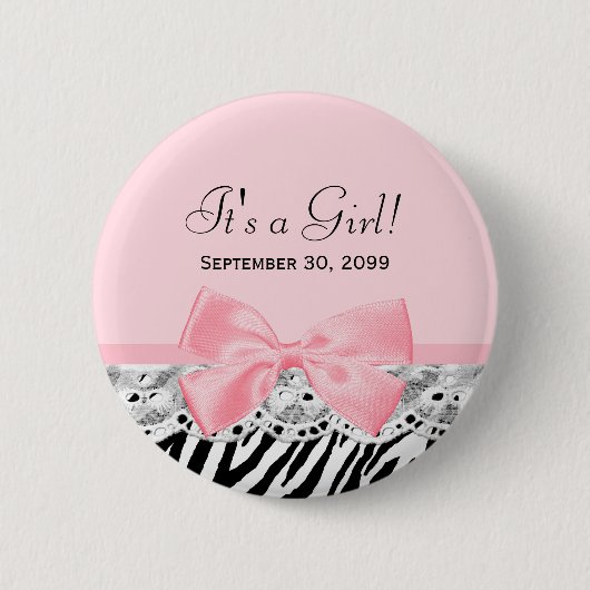 その女の子のシャワーのピンクのリボンおよびレースのシマウマのプリント 缶バッジ (正面)