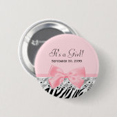 その女の子のシャワーのピンクのリボンおよびレースのシマウマのプリント 缶バッジ (正面&裏面)