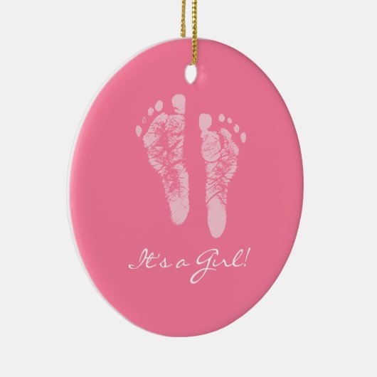 その女の子のピンクのベビーの足跡の誕生の発表 セラミックオーナメント (右)